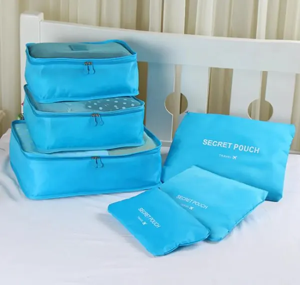 Набір дорожніх органайзерів для речей Laundry Pouch 6 сумочок на застібках Блакитний, дорожній органайзер для валізи