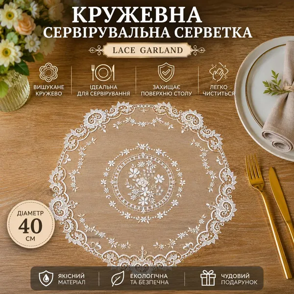 Мереживна сервірувальна серветка D40 см Lace Garland, колір - молочний