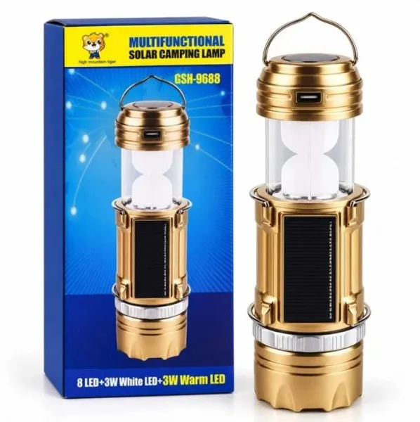 Ліхтарик кемпінговий HB-9688, 8 LED + 3W Warm LED, акумуляторний, із сонячною панеллю та USB — фото 3