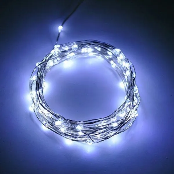 Гірлянда на USB та батарейках Роса - 10 м., 100 LED діодів, провід гнучкий металевий, свічення Холодний білий (на ялинку, штору, вікно, стіну)