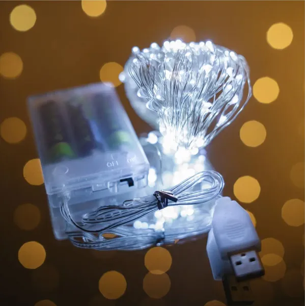 Гірлянда на USB та батарейках Роса - 10 м., 100 LED діодів, провід гнучкий металевий, свічення Холодний білий (на ялинку, штору, вікно, стіну) — фото 3