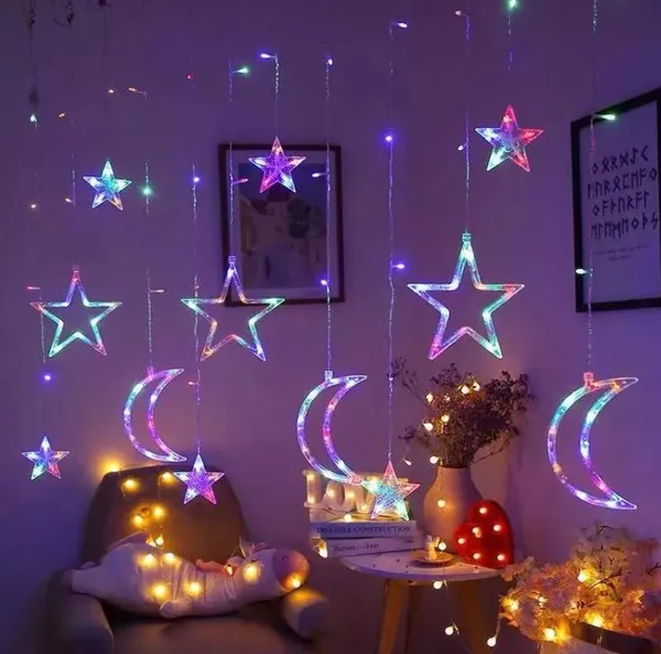 Гірлянда-бахрома на 2.5 м., 9 LED діодів (зірки та місяця), провід гнучкий прозорий, свічення Різнокольорова (8 режимів) від 220В (на ялинку, штору