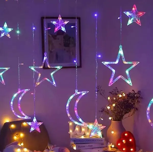 Гірлянда-бахрома на 2.5 м., 9 LED діодів (зірки та місяця), провід гнучкий прозорий, свічення Різнокольорова (8 режимів) від 220В (на ялинку, штору — фото 2