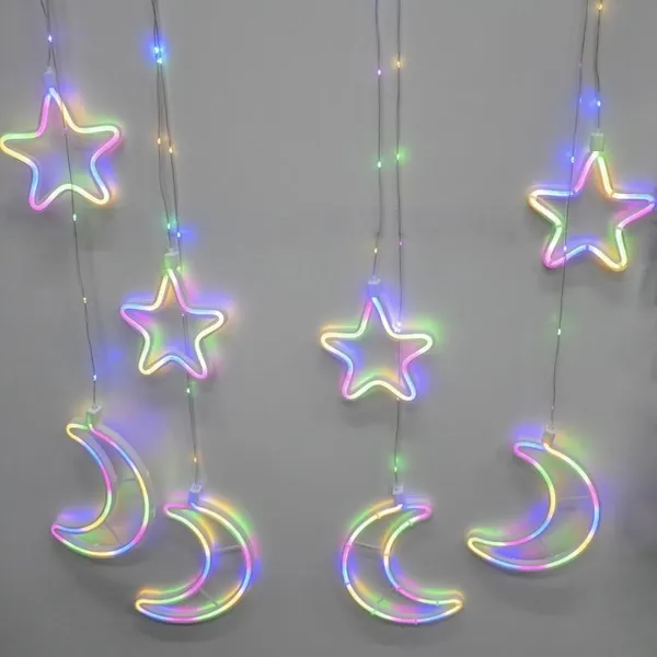 Гірлянда-бахрома на 2.5 м., 9 LED діодів (зірки та місяця), провід гнучкий прозорий, свічення Різнокольорова (8 режимів) від 220В (на ялинку, штору — фото 3