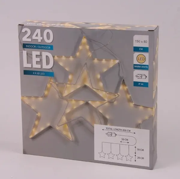 Гірлянда-завіса 450х80 см, 240 LED діодів (зірки), дріт гнучкий сріблястий, свічення теплий від 220В (на ялинку, штору, вікно, стіну) — фото 6