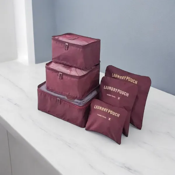 Набір дорожніх органайзерів для речей Laundry Pouch 6 сумочок на застібках Бордовий, дорожній органайзер для валізи