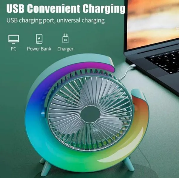 Вентилятор акумуляторний настільний з кольоровим підсвічуванням, USB, 180°, безшумний — фото 2