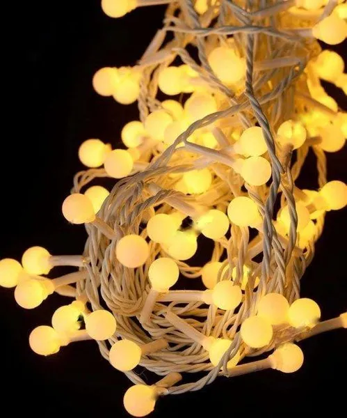 Гірлянда-кульки на 10 м., 200 LED діодів кульок, дріт гнучкий білий, світіння Біле тепле (8 режимів) від 220В (на ялинку, штору, вікно, стіну)