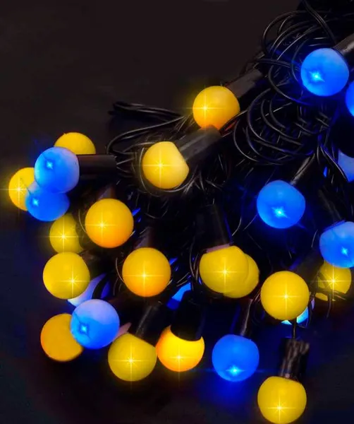 Гірлянда новорічна, кульки Ukraine 18 мм 40 LED, 7м, світло жовто-блакитне 1318-62, чорний провід, від 220 В, (на ялинку, штору, вікно, стіну)