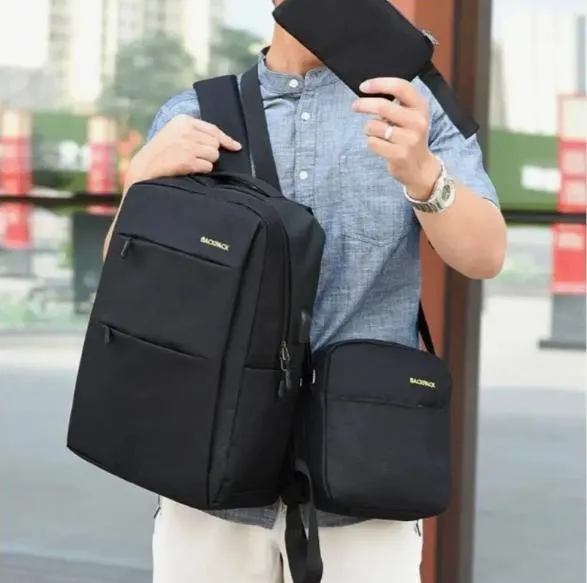 Комплект 3 в 1 (Рюкзак із USB Сумка Клатч) для щоденного використання Backpack Black Чорний — фото 2