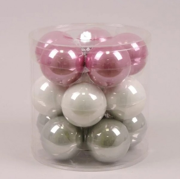 Кульки скляні Flora 8 см. рожево-сірі-білі (15 шт.) 44356