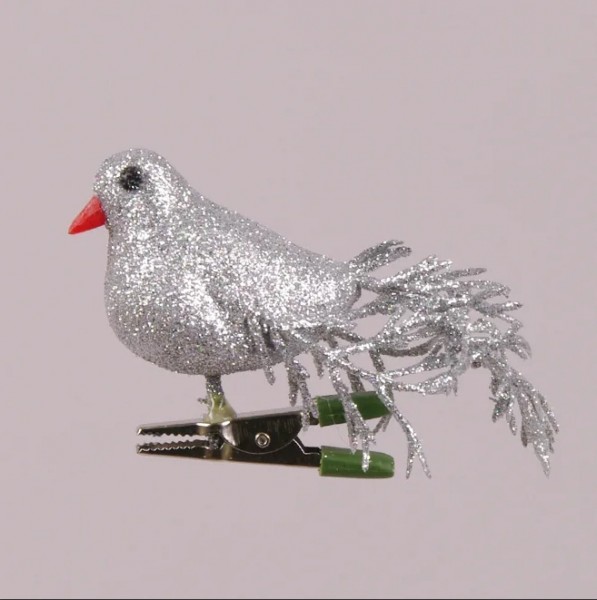 Пташка новорічна на прищіпці Flora срібна 12 шт 75595