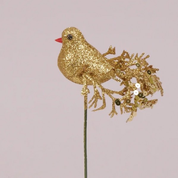 Птичка на пике Flora золотая 12 шт 75588