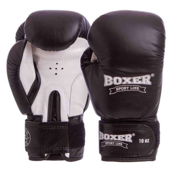 Перчатки боксерские кожаные на липучке BOXER 2023,р-р 10 черный-белый