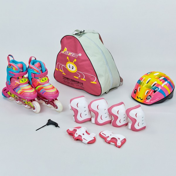 Роликовые коньки раздвижные детские в наборе защита, шлем, сумка JINGFENG 172-BL Pink