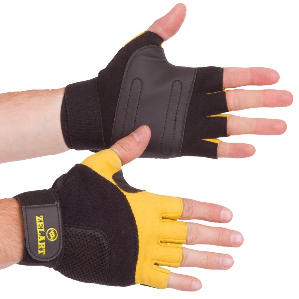 Перчатки для тяжелой атлетики кожаные Zelart Gel Tech BC-3611 Черный-желтый XL/24-27 см