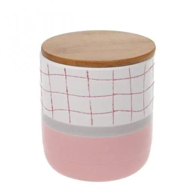Банка керамічна з бамбуковою кришкою Flora Клітка 0,9 л. біло-рожева 32186