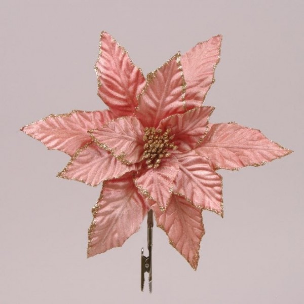 Цветок новогодний Пуансетия на прищепке розовый Флора 75724