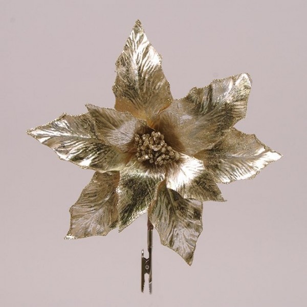 Цветок новогодний Пуансетия на прищепке золотой Флора 75734