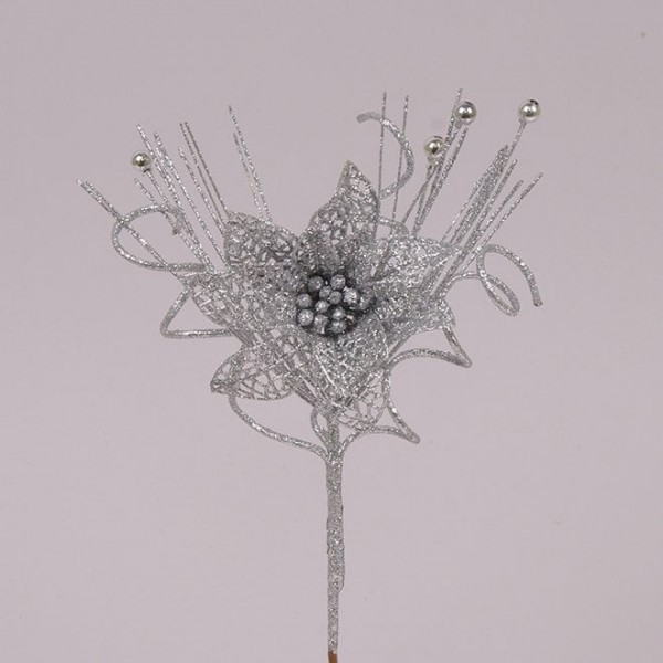 Гілочка новорічна з пуансетією срібна Flora 75454