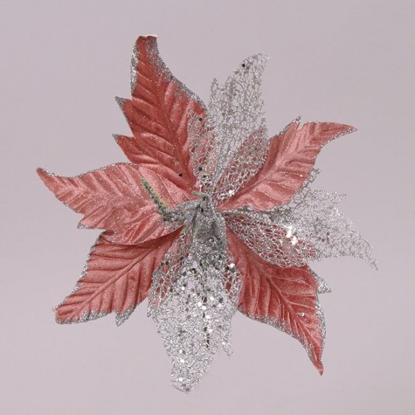 Квітка новорічна Пуансетія рожево-срібна Flora 75342