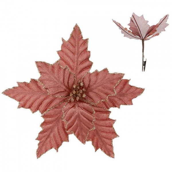 Квітка новорічна Пуансетія на прищіпці персикова Flora 12680