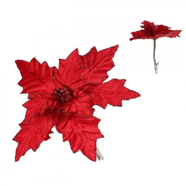 Цветок новогодний Пуансетия на прищепке красный Flora 12667