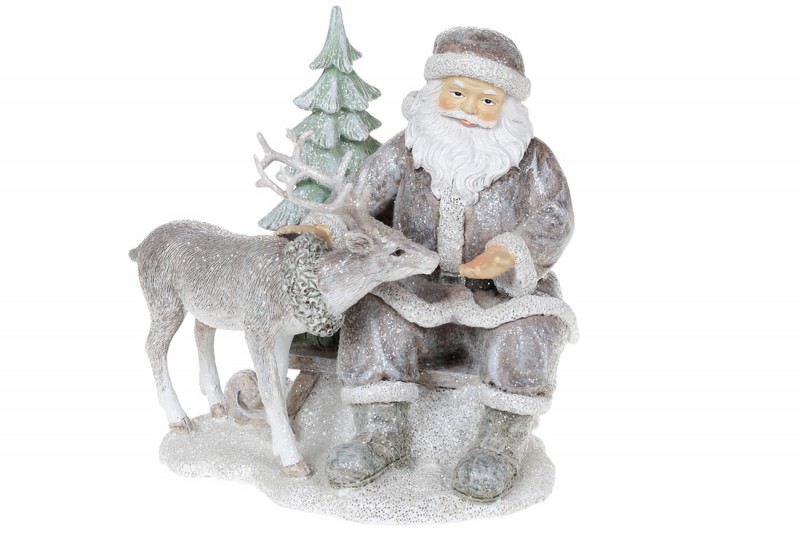 Декоративная статуэтка Санта с Оленем, 17см, цвет - светло-серый с глиттером Bon 707-221