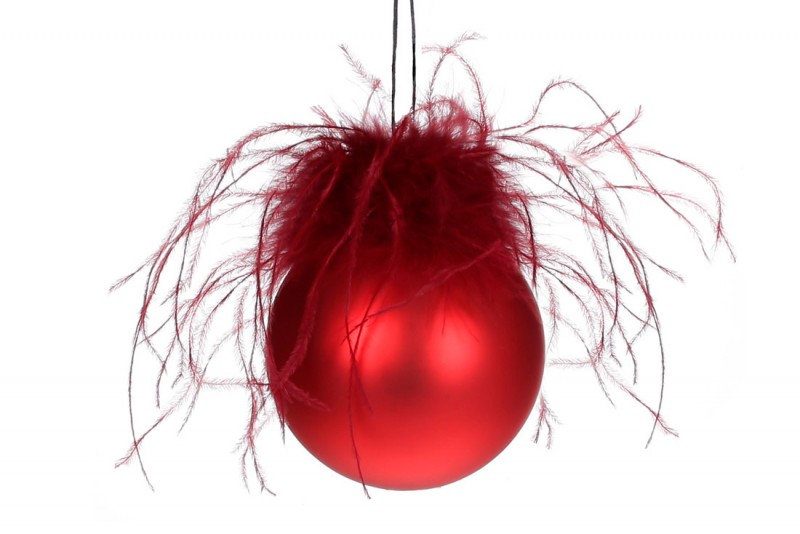 Елочный шар Bon с матовым покрытием и декором из перьев, 10см, цвет - красный NY15-434