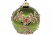 Елочный шар Bon с декором из бусин и страз золотого цвета, 10см, цвет - изумрудный 874-334