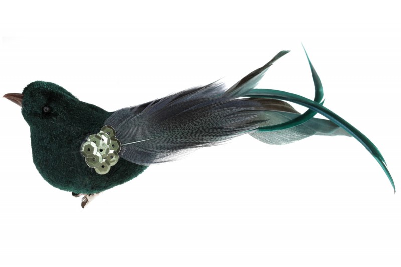 Декоративний птах на кліпсі Bon 17см, колір - смарагдовий зелений 499-078