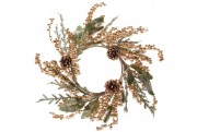 Декоративный венок Bon из искусственных ягод и листьев с шишками, 40см, цвет - золото 744-083