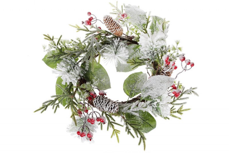 Декоративный венок Bon из искусственных листьев и ягод с шишками, 40см 744-088