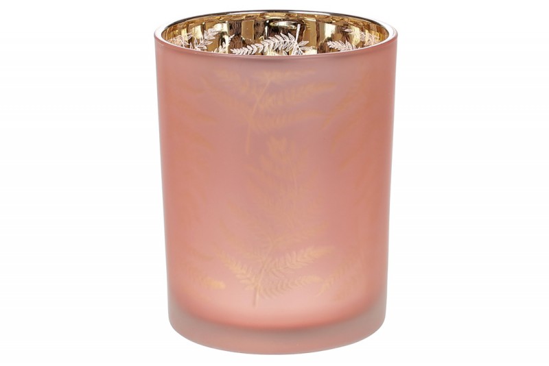 Свічник скляний Bon з малюнком Папороть, колір - пастельний рожевий, 12,5см 549-135