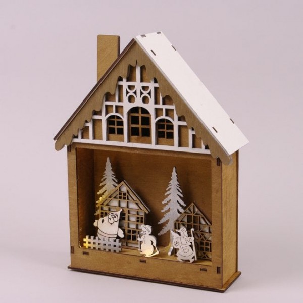 Декорація новорічна дерев'яна Будиночок з підсвічуванням 30 см. Flora 19937