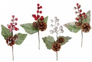 Декоративная ветка из листьев шишек и ягод 22см 9шт/уп Bon 901-054