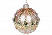Елочный шар Bon 8см с декором из глиттера и бусин, цвет - беж антик с золотом 118-953