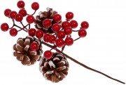 Декоративная ветка с красными ягодами и шишками 25см 3шт/уп Bon 901-175