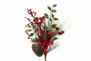 Декоративная ветка из листьев хвои и красных ягод 40см Bon 903-507