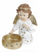 Декоративный подсвечник Bon на одну свечу с Ангелом, 10.5см, цвет - белый с золотом 218-824