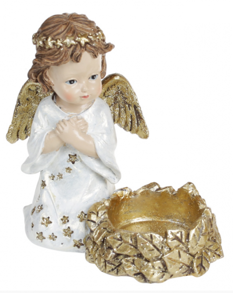 Декоративный подсвечник Bon в виде листьев с Ангелом, 10.5см, цвет - белый с золотом 218-824