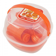Набір пластикового посуду для пікніка на 4 персони, в боксі з оранжевою ручкою.