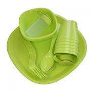 Набір пластикового посуду для пікніка на 4 персони, в боксі з зеленою ручкою