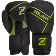 Перчатки боксерские кожаные на липучке Zelart VL-3149 10 унций Черно-салатовые