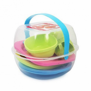 Набор пластиковой разноцветной посуды для пикника на 4 персоны, в боксе с ручкой Hoz MMS-R86497