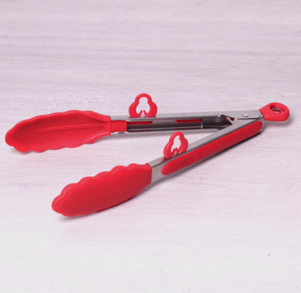 Щипці Kamille силіконові червоний 30.5см з ручками з нержавіючої сталі KM-7512