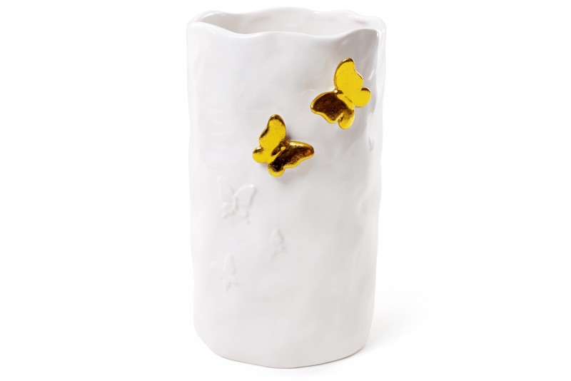 Ваза керамическая с объемным декором Bon Бабочки в золоте 902-119, 23 см, цвет - белый