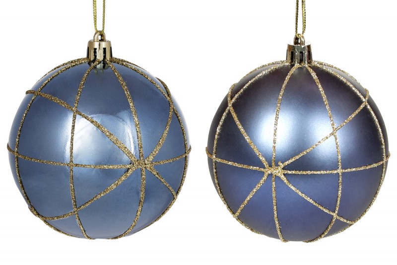 Набор ёлочных шаров 2 шт Bon 8 см, цвет - королевский синий золотым узором матовый и глянец 898-210