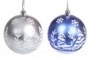 Набор ёлочных шаров 2 шт Bon 8см матовый в дисплей-коробке: серебряный и синий с узором Зимний лес 8