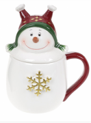 Кружка керамическая Bon с фигурной крышкой Озорной снеговик, 400мл , белый с красным 834-284